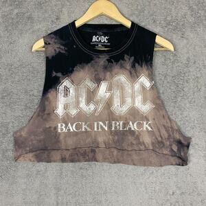 AC/DC Back in Black Tank Top Women M/L Black Beige Tye-Dye Sleeveless Rock Metal